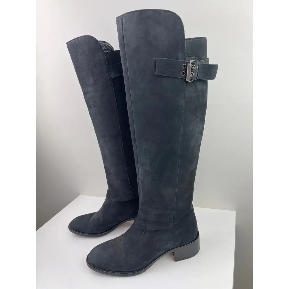 FENDI Black Nubuck Leather Knee High Riding Boots Almond Toe Heel Size 38 ITALY